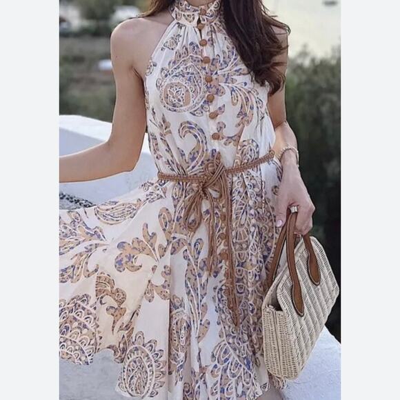 Zara Blogger Fave Women's High Collar Paisley Boho Flared Mini Dress Medium Tan - Picture 14 of 14